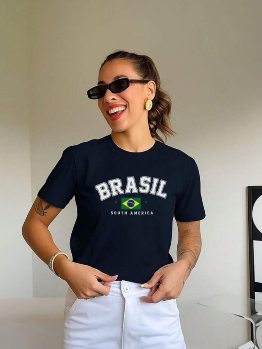 Women's T-Shirt With Brazil World Cup Print, Cotton Blouse, Round Neck - 藏蓝色 - 查看 1
