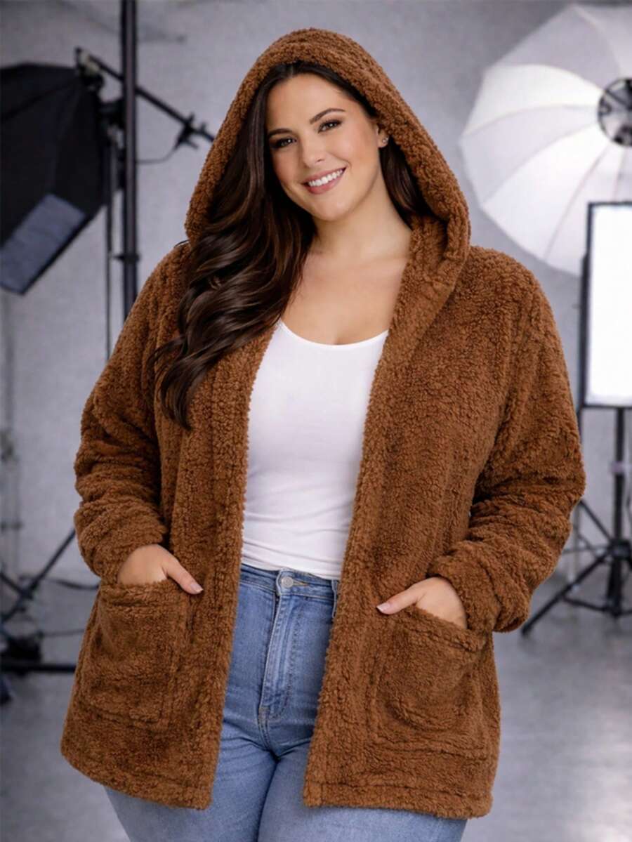Women's Plus Size Teddy Coat With Hood And Plush Pockets For Winter. - Lạc đà - Xem 1