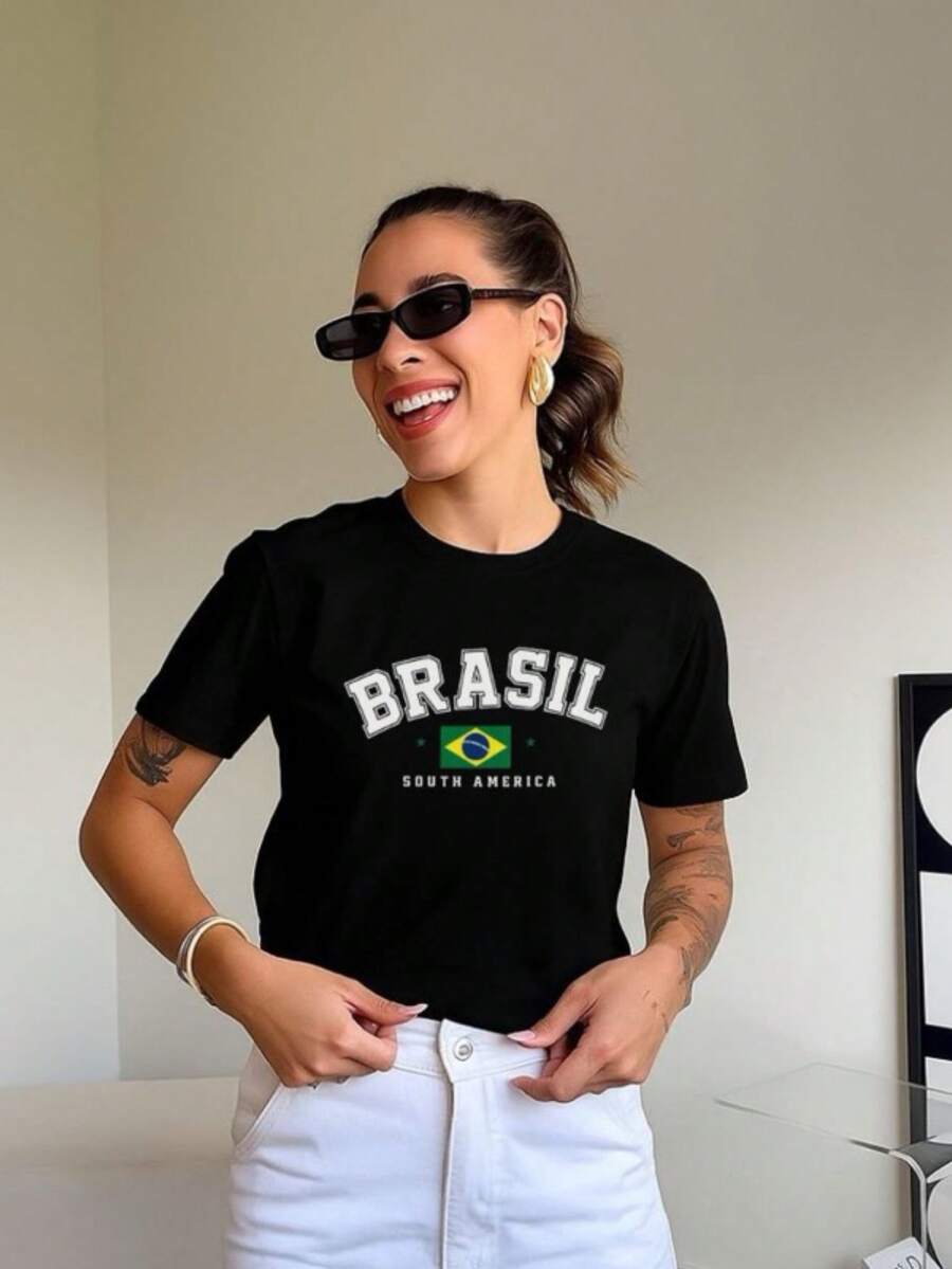 Women's T-Shirt With Brazil World Cup Print, Cotton Blouse, Round Neck - màu đen - Xem 1