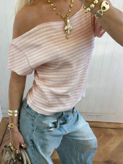 Casual Women's Knitted Scoop Neck Crop Tee Short Sleeve Striped Medium Stretch Regular Hem Summer Style, Gym Pink