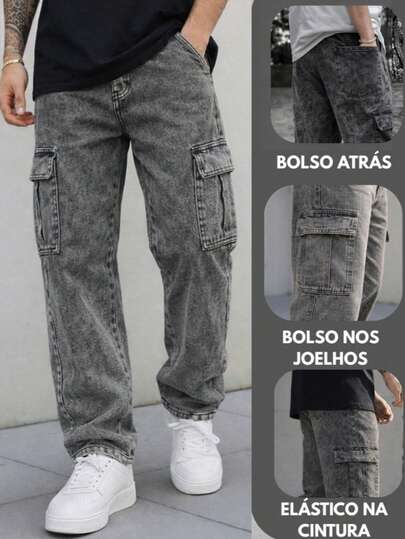 Calça Cargo Jeans Estonado Masculina com cordão cintura e leve elasticidade calça unissex comprida solta e casual streetwear skate