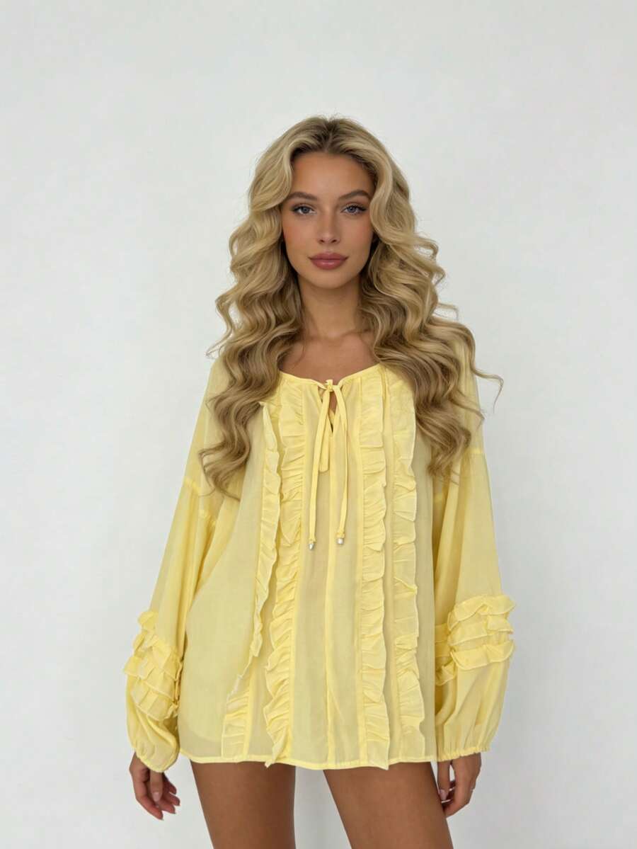 Women's Blouse / Cotton / With Ruffle Front / With Ruffle Details On Sleeves / Super Comfortable / Pleated Knot / Vacation Home - Yellow - View 1