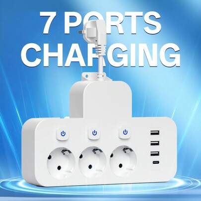 Bộ chuyển đổi phích cắm EU, ổ cắm dây nối dài ngắn/5FT/10FT/15FT, 3 ổ cắm AC, 3 cổng USB, 1 cổng Type-C, ổ cắm đa cổng gắn tường với công tắc riêng biệt, bộ chuyển đổi phích cắm du lịch/gia đình/văn phòng, thiết kế công tắc điều khiển riêng.