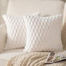 1pc Solid Plush Cushion Cover Without Filler - White - View 10
