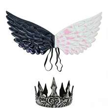 成人万圣节派对道具 - 双色天使翅膀和深色皇家皇冠服装配饰 - 查看 1