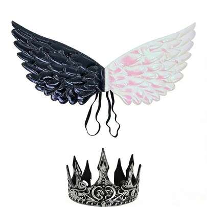 成人万圣节派对道具 - 双色天使翅膀和深色皇家皇冠服装配饰