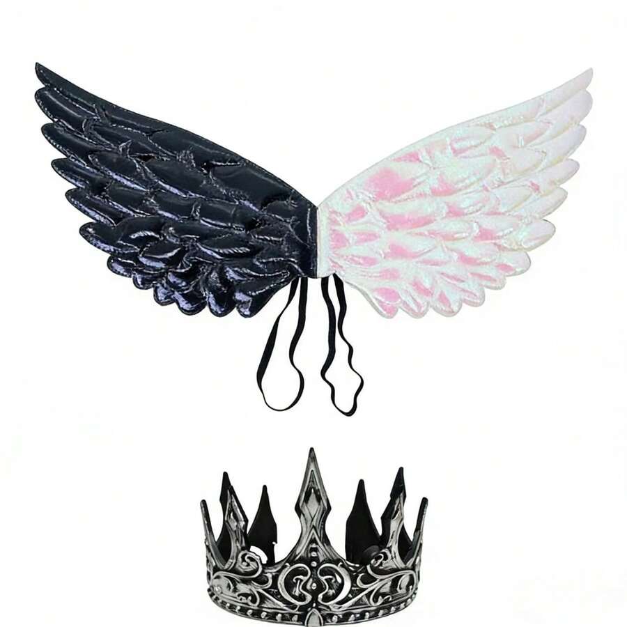 成人万圣节派对道具 - 双色天使翅膀和深色皇家皇冠服装配饰 - 查看 1