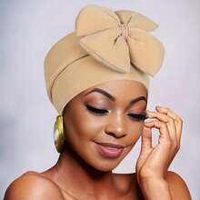 1. A Chic African-Style Headscarf For Women - Fashionable Solid Color Headscarf With A Large Bow, Elastic Polyester Chemo Cap, Machine Washable - Perfect For New Year And Holiday Celebrations - 白色 - 查看 1