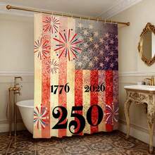 Tenda da doccia con acquerello di fuochi d'artificio per il 250° anniversario degli USA, 1776-2026 Tenda da doccia in poliestere impermeabile con motivo di bandiera americana e fuochi d'artificio, decorazione patriottica per il bagno - Blu e rosso - Visualizzare 2
