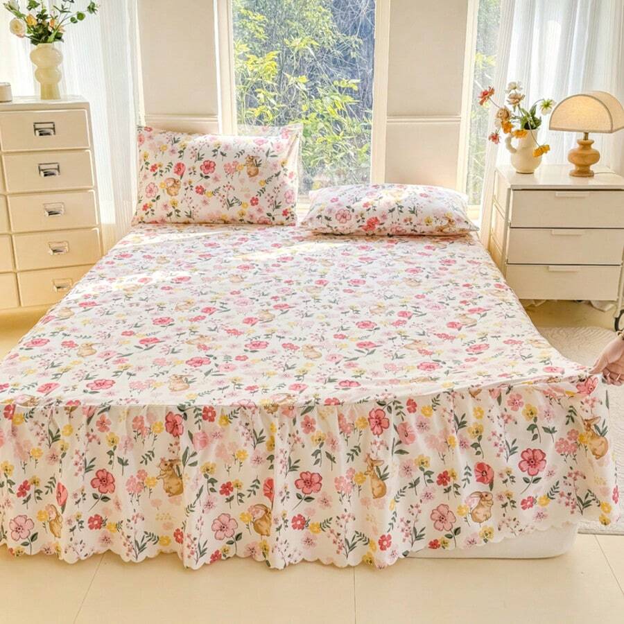 1 pezzo Copripiumino con stampa floreale morbido e delicato sulla pelle, senza federe, stile principessa arricciato, caldo e romantico, design con fascia elastica per adattarsi al materasso, adatto per camera da letto, camera degli ospiti, tutto l'anno, rimovibile e lavabile in lavatrice, decorazione per la casa