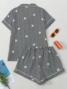 Setelan Piyama Celana Pendek Lengan Pendek Motif Hati Bergaris untuk Wanita - Hitam - View 10