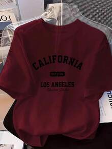 Women's T-Shirt, 100% Cotton, With A California Los Angeles Print, Made From Casual And Comfortable Cotton Material. - 酒紅色 - 查看 1