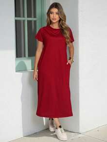 Women's Midi Dress With Pockets Round Neck Everyday Loose Fit - 紅色 - 查看 1