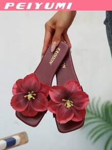 PEIYUMI Dép xăng đan thời trang mùa hè mới dành cho nữ, họa tiết hoa, kiểu dáng thoải mái, thích hợp đi biển và ở nhà. - Màu Đỏ Sâu - Xem 8
