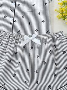 Striped Bow Print Women Bubble Crinkle Short Sleeve Shorts Pajama Set - Black - View 6