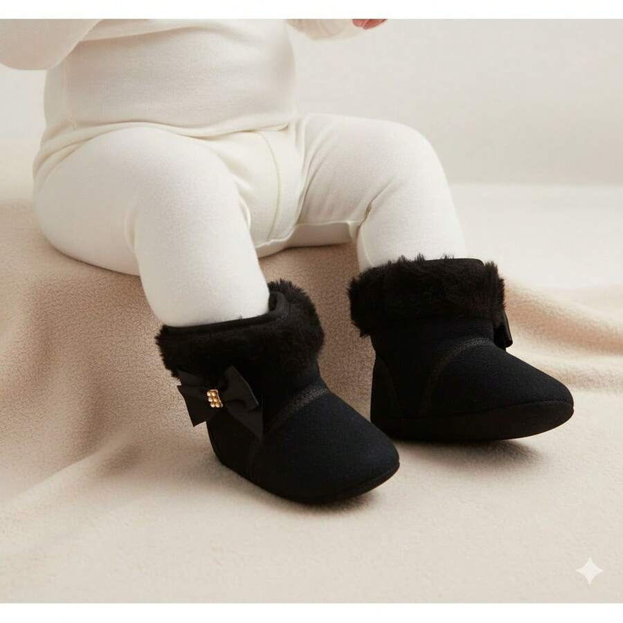 Bota Botinha Bebê Menina Pelo Pelúcia Rosa Inverno Botinha Forrada Laço Cetim  Strass  Infantil RN - Preto - Visão 1