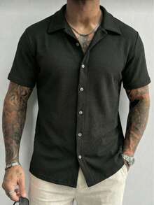 Men's Waffle Shirt For Casual Summer Wear - 黑色 - 查看 2