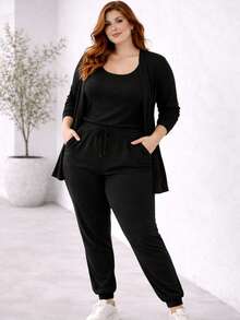 Plus Size 3 Piece Wool Set Cardigan Tank Top Pants Simple Casual Elegant - Black - View 3