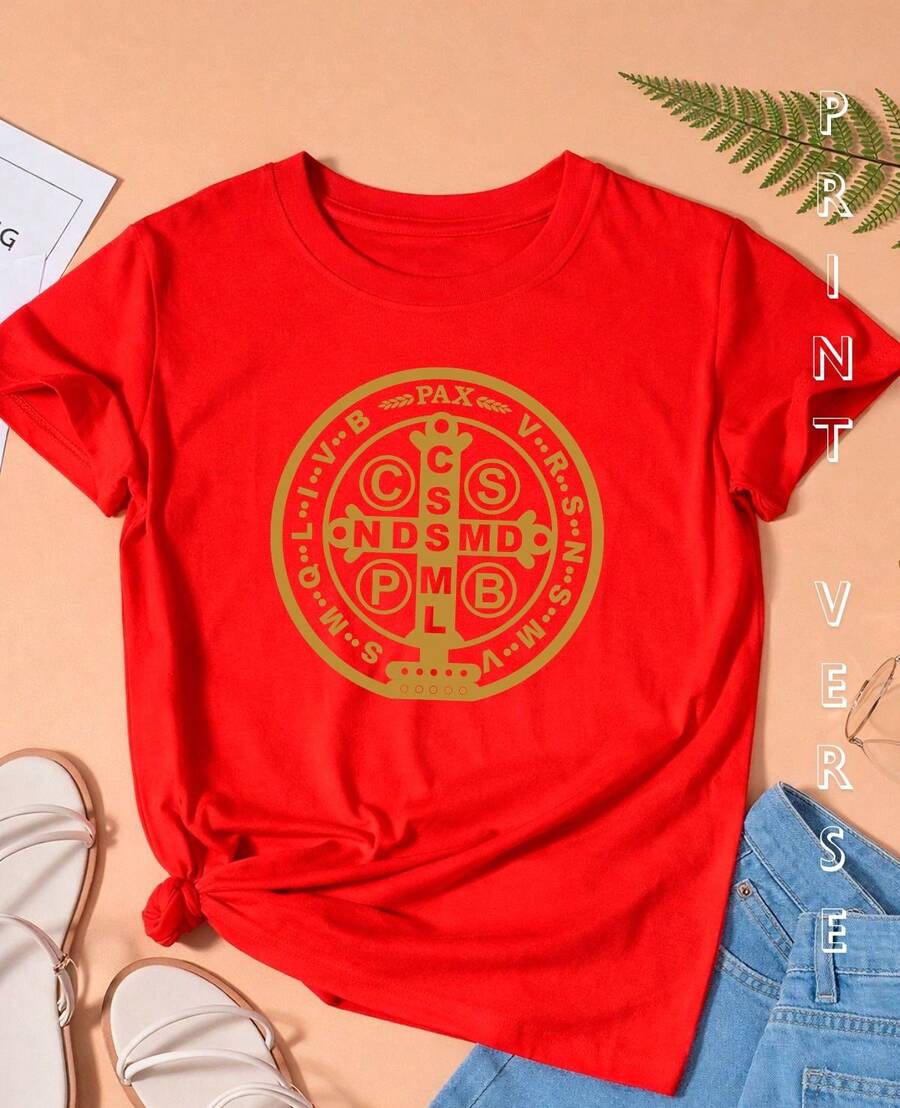 Camiseta Feminina Medalha De São Bento Religiosa Baby Look Cristã Fé Católica A Cruz Sagrada Escudo Proteção Divina - Vermelho - View 1