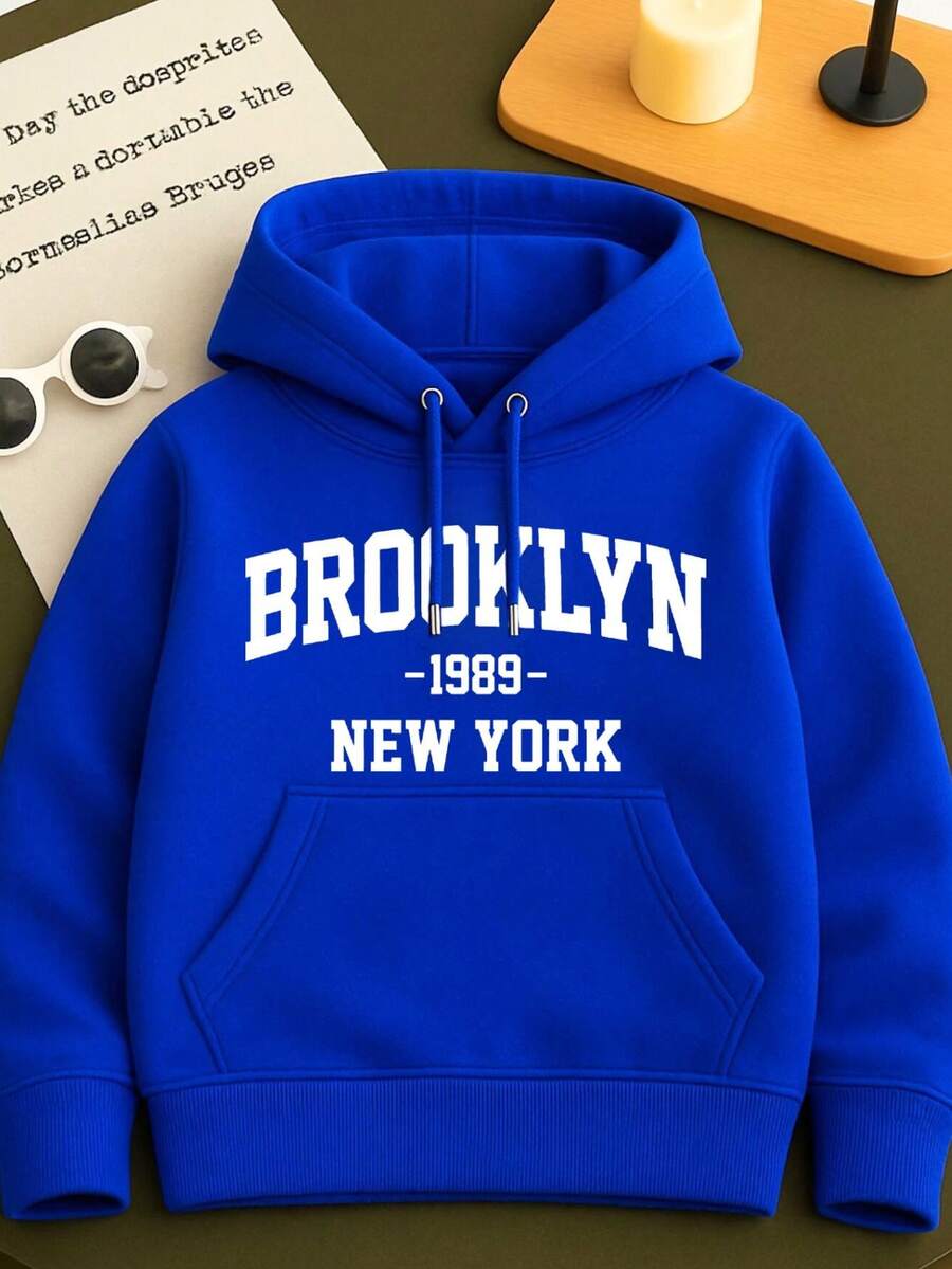 Brooklyn Printed Children's Kangaroo Sweatshirt With Hood Cotton Comfortable Child Various Colors And Sizes - 寶藍色 - 查看 1
