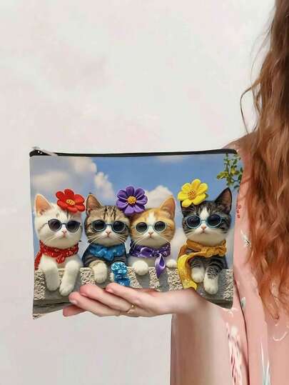 酷炫时尚眼镜猫咪化妆包 - 创意女士礼物，旅行收纳包