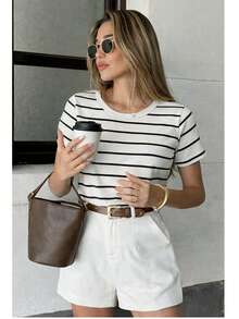 Women's Ribbed Cotton Striped Basic Two-Tone T-Shirt - Casual Autumn/Winter/Summer American Style - 脫條紋 - 查看 1