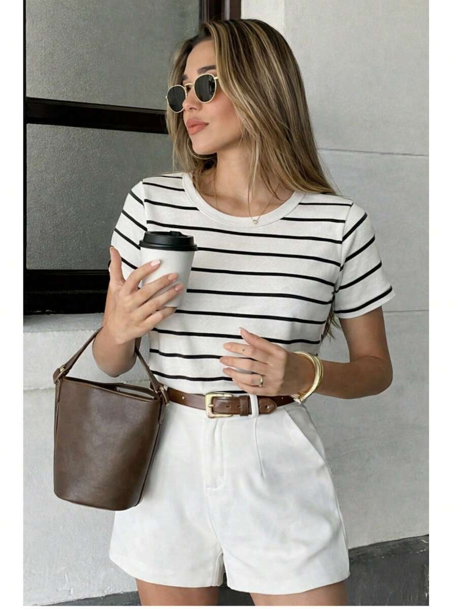 Women's Ribbed Cotton Striped Basic Two-Tone T-Shirt - Casual Autumn/Winter/Summer American Style - 脫條紋 - 查看 1