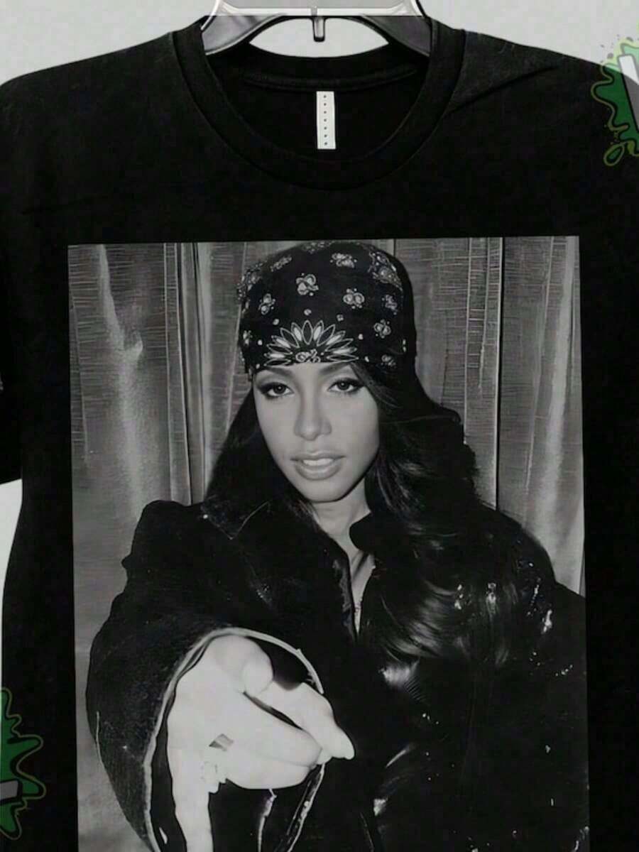 Vintage T Shirts Aaliy.Ah- Shirt Vintage 90s R&B T-Shirt Vintage Hip-Hop Music Shirt Classic Concert Merchandise Street Fashion Clothing Minimalist Style Hoodie For Fans Graphic T Shirt - Đen 2 - Xem 1