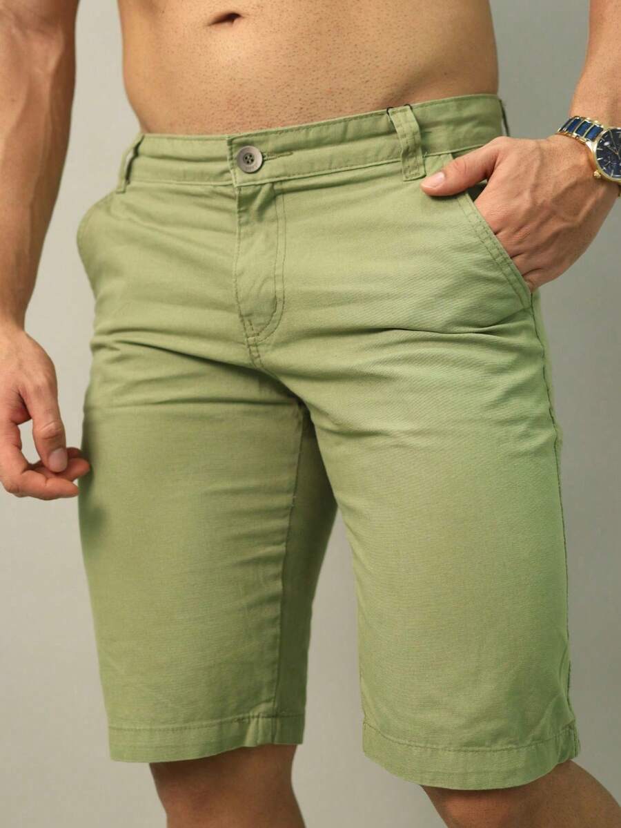 Men's Adult Denim Twill Shorts, Summer Dressy Casual Style, 100% Premium Cotton, Various Colors - Màu xanh Ô liu - Xem 1