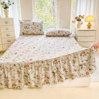 1pc Soft & Skin-Friendly Floral Printed Bed Skirt, Ruffled Princess Style, Warm & Romantic, Elastic Band Design Fits Mattress, Suitable For Bedroom, Guest Room, All Seasons, Removable & Machine Washable, Home Decor