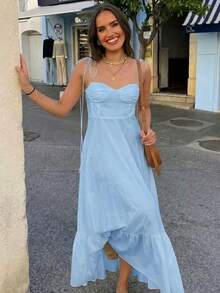 A&DD MODA, REF:4144-M Women's Solid Color Dress, Adjustable Strap Dress, Maxi Dress, Spring/Summer Long Dress For Women, Simple Fabric, Ruffled And Pleated Hem, Bohemian Dress, Full Of Charm And Elegance, Simple Casual Elegance, Bohemian Dress, Sophisticated Summer Colors (The Dress Has No Stretch, Please Follow Our Size Chart To Purchase) - 淺藍色 - 查看 2