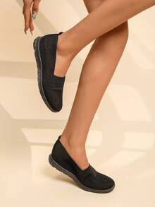 Black Ultra-Soft Mesh Slip-On Flats, Breathable Walking Shoes For Women, Lightweight Comfortable Loafers For All-Day Standing & Travel - Black - View 2