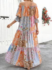 Đầm nữ tay lửng in họa tiết Bohemian, kiểu Bohemian, tay lửng xếp ly, cổ thuyền, dáng rộng, dài, in họa tiết toàn thân, đầm khoác ngoài in họa tiết chắp vá, thích hợp cho kỳ nghỉ biển, tiệc tùng, lễ hội âm nhạc, đám cưới, mặc thường ngày mùa xuân hè, đầm dài nữ màu hồng thanh lịch - Hồng - Xem 2
