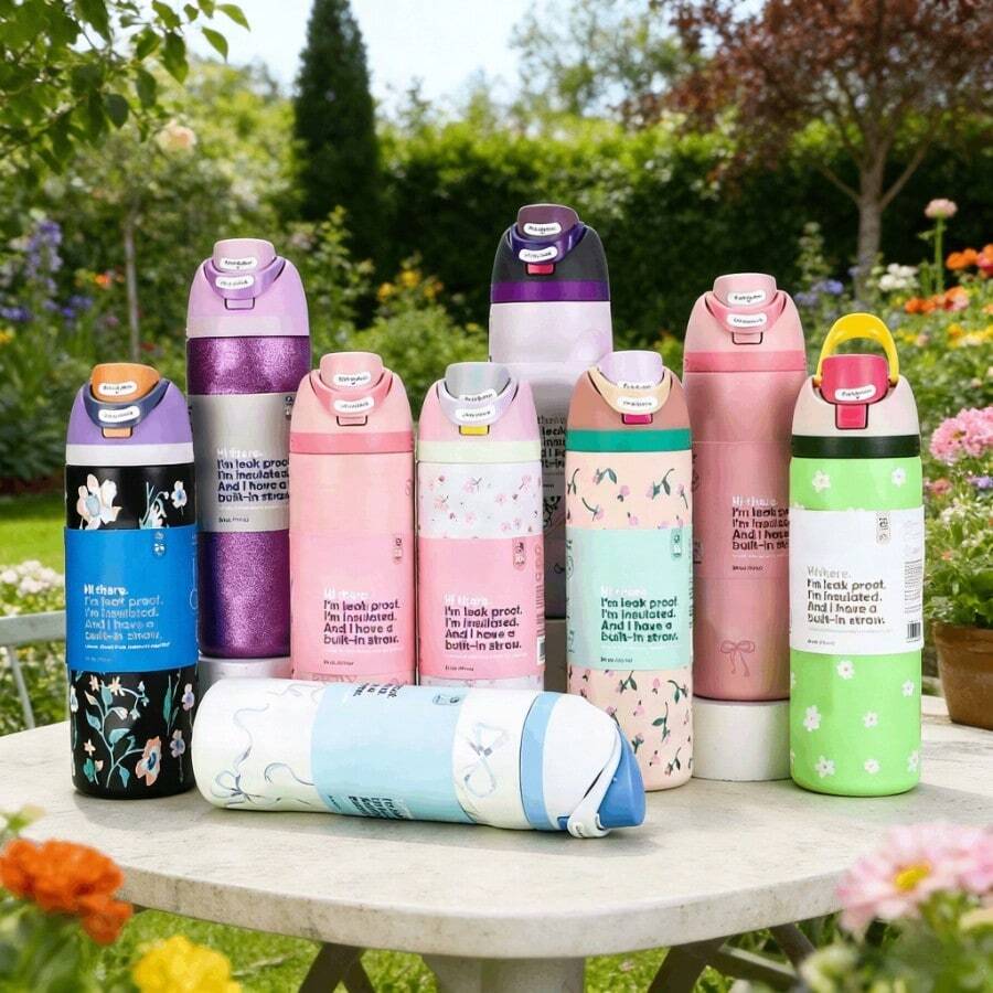 24Oz/32Oz Stainless Steel Water Bottle With Straw For Sports, Travel, And School Sports Water Bottle, Keeps Water Warm For Over 24 Hours, Sealable, Portable, Flip Top, Ideal For Hot And Cold Beverages, Coffee, And Frozen Drinks - Cherry Party - 查看 1