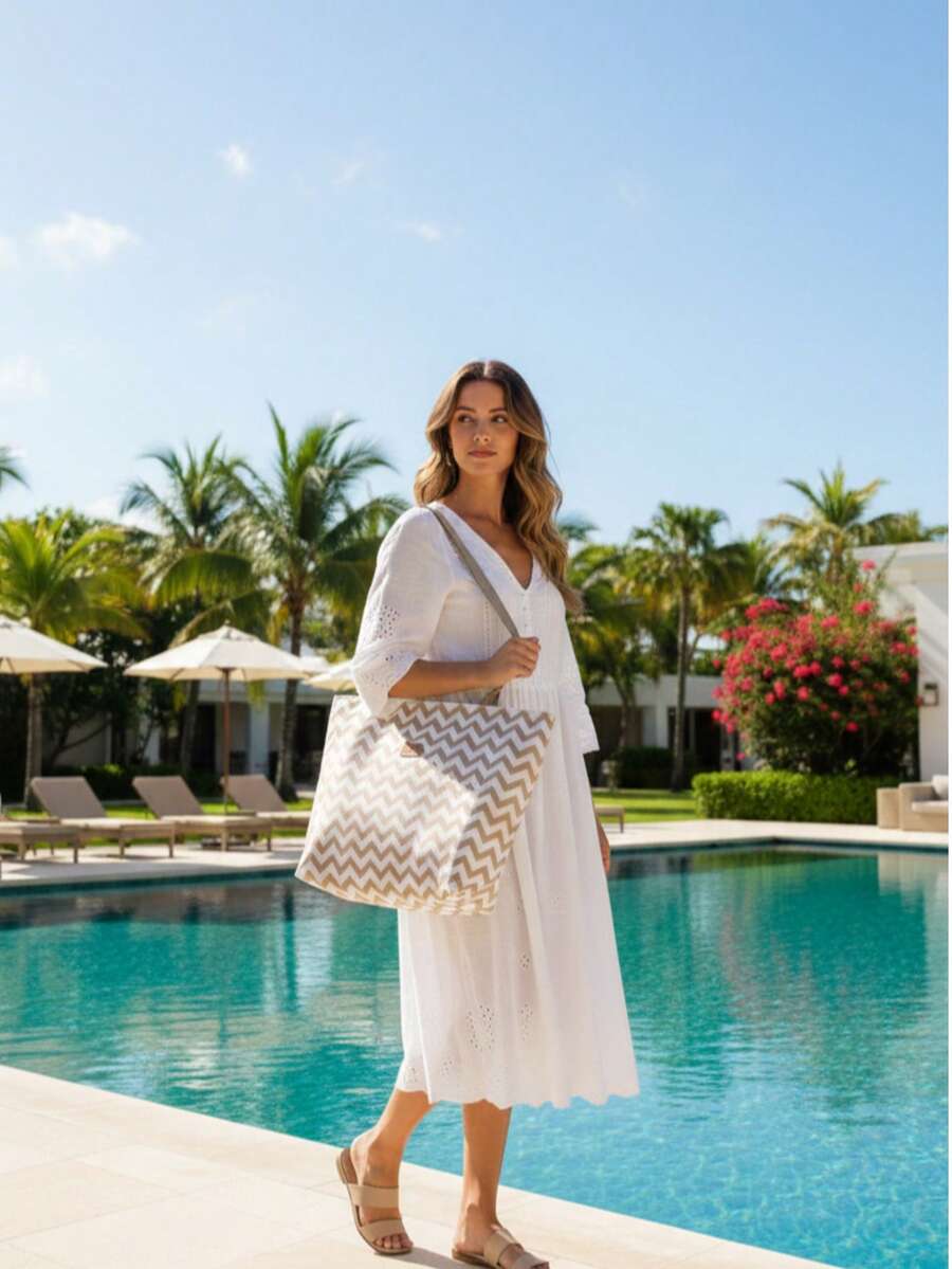 Large Elegant Chic Women's Beach Bag With Waterproof Zipper - 摩卡棕 - View 1
