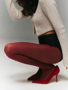 女士酒红色透视连裤袜 - 半透明百搭弹力时尚打底裤，适合日常时尚和约会之夜 - 酒紅色 - 查看 2