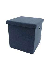 Taburete organizador de lino, plegable, con compartimento interno y tapa acolchada - Azul Marino - Ver 6