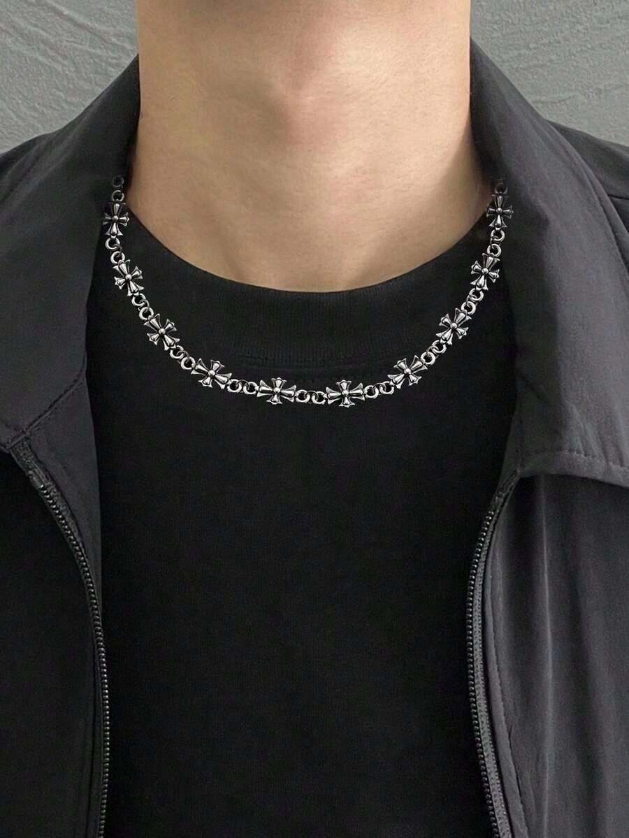 1pc Men's Punk Cross Vintage Pendant Necklace, Fashion Minimalist Versatile Fit For Daily Wear And Couples Gift - 古董銀 2 - 查看 1