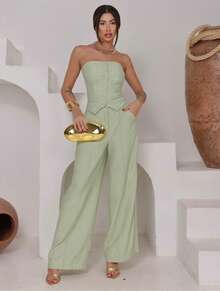 Women's Strapless Tailored Set With Wide-Leg Trousers And Elegant Vest With Buttons, Marrant Sensual Fabric - 淡綠色 - 查看 2
