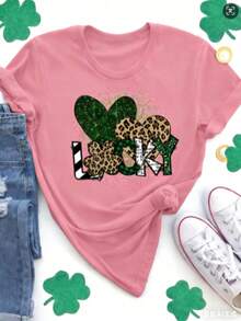 Shiny Clover Pattern Leopard Print "LUCKY" Letter Print + Small Size Short Sleeve Women's Top + Plus Size Short Sleeve Women's Top + Fashion Round Neck T-Shirt, Spring Summer Women's Top-Valentine Gift ST Patrick' S Day - 粉色 - 查看 1