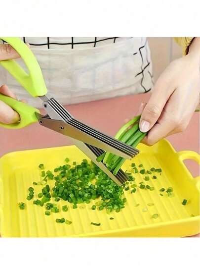Tijeras de cocina de acero inoxidable de 5 capas: ideales para picar cebolla, verduras, hierbas y especias. Herramienta indispensable para cocinar. Tijeras multiusos de uso rápido con peine limpio y funda de  para cortar fácilmente albahaca, cebollino y perejil. Verde.