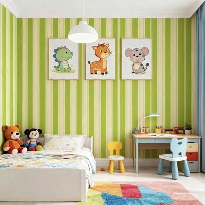 1 Roll Mediterranean Green Striped Wallpaper, Vinyl Green And White Striped Self-Adhesive Contact Paper, Peel And Stick, Removable For Living Room, Kitchen, Bedroom, Dorm, Furniture Renewal, Autumn Aesthetic Wallpaper