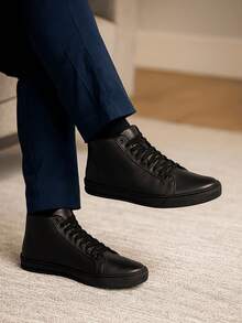 QBEC Comfortable Men's Sneakers, Men's Boots In Genuine Leather, Mid-Calf, Soft, Casual, Lightweight Ankle Boots - On - 黑色 - 查看 3
