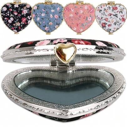 Vintage Floral Heart Compact Mirror - 4 Colors, Double-Sided Pocket Mirror For Travel & Makeup,Giveaways,Travel,Cheap Stuff,Travel Essential