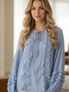Women's Blouse / Cotton / With Ruffle Front / With Ruffle Details On Sleeves / Super Comfortable / Pleated Knot / Vacation Home - Baby Blue - View 1