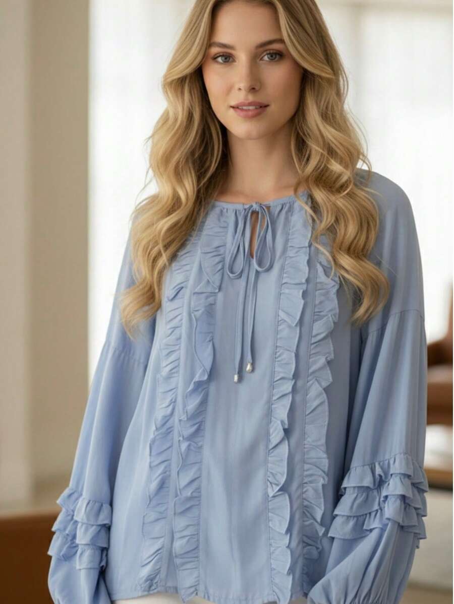 Women's Blouse / Cotton / With Ruffle Front / With Ruffle Details On Sleeves / Super Comfortable / Pleated Knot / Vacation Home - Baby Blue - View 1