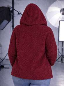 Women's Plus Size Teddy Coat With Hood And Plush Pockets For Winter. - 紅色 - 查看 2