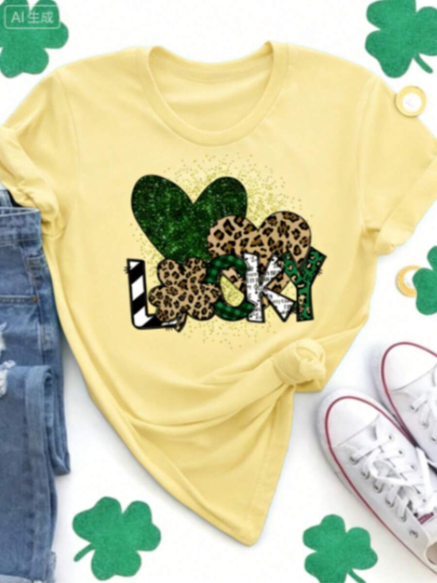 Shiny Clover Pattern Leopard Print "LUCKY" Letter Print + Small Size Short Sleeve Women's Top + Plus Size Short Sleeve Women's Top + Fashion Round Neck T-Shirt, Spring Summer Women's Top-Valentine Gift ST Patrick' S Day - 黃色 - 查看 1