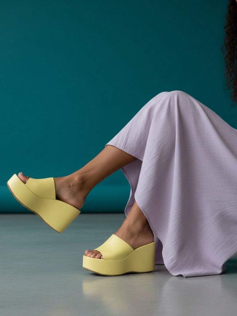 Women's Solid Color Wedge Casual Slippers - Yellow - View 1
