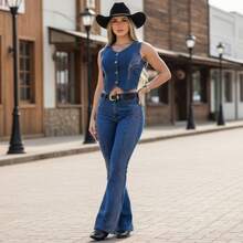 Conjunto Colete E Calça Flare Jeans Country Feminina Pedraria Luxo ideal para eventos sertanejo festas de peão Boiadeiro - CALÇA BRILHO COLETE LUXO - Visão 5